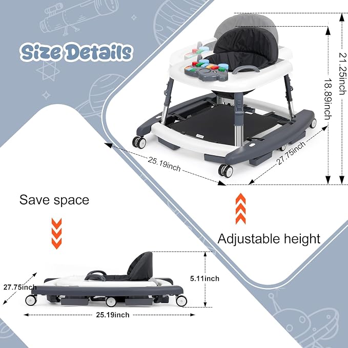 5-in-1 Baby Walker for Boys and Girls Music and Lights 6-18 Month, Foldable Baby Walkers with 5 Adjustable Heights, Infant Toddler Walker with Wheels and Combo Portable（Dark Gray）