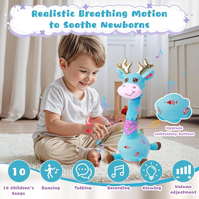 MIAODAM Dancing Talking Giraffe Stuffed Animal, Singing 10 Children's Song, Baby Toy Repeats What You Say, Christmas Colorful Glowing Giraffe Plush Interactive Toys for Toddlers 1-3 Year(Blue