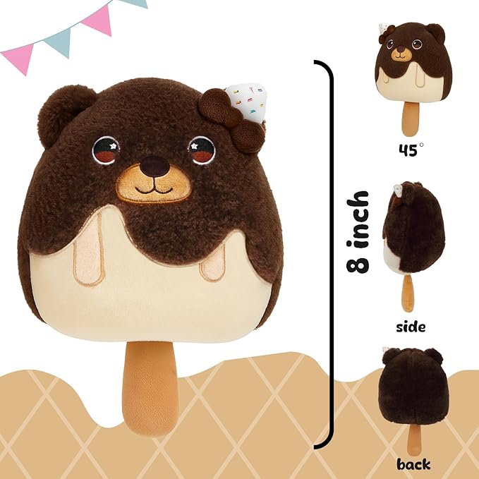 Adorable Ice Cream Plush Pillow with Chocolate Bear Soft Plush Toy Cuddly Stuffed Animal Toy for Kids Birthday Gift for Boys and Girls