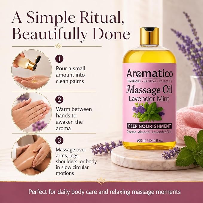 Aromatico Massage Oil with Lavender & Mint Essential Oils, Sesame, Almond & Jojoba Oils Blend, Lightweight Body Massage Oil, 10 Fl Oz