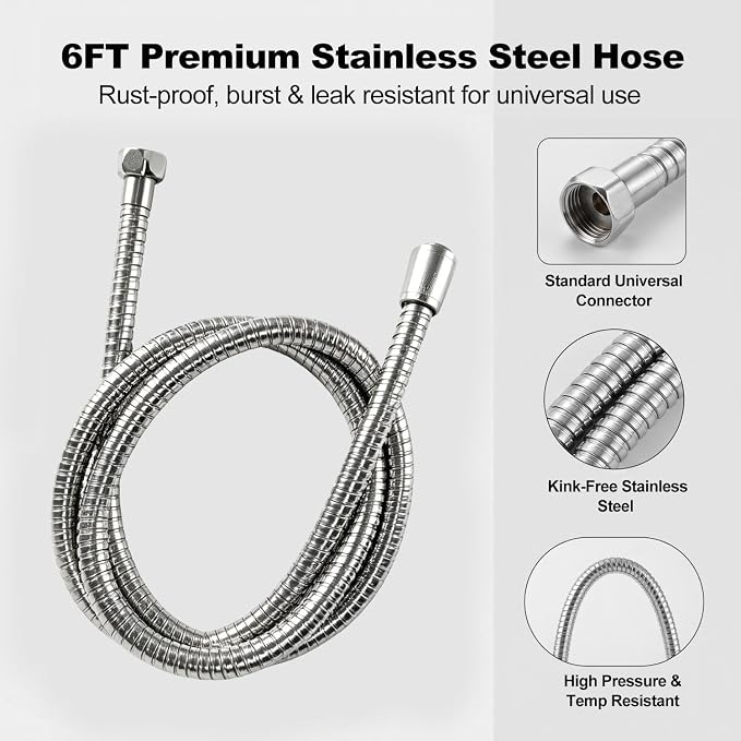Shower Enema Kit for Personal Hygiene, 6FT Stainless Steel Douche Hose with 2 Smooth Nozzles, T-Valve Diverter, Adhesive Shower Holder, Easy Install for Men and Women