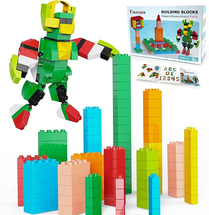 209-Piece Large Building Blocks for Kids Ages 3+, STEM Learning Toys with Movable Robot (Over 20cm Tall) – Ideal Christmas/Birthday Gifts for Toddlers, Boys & Girls (Robot-Themed)