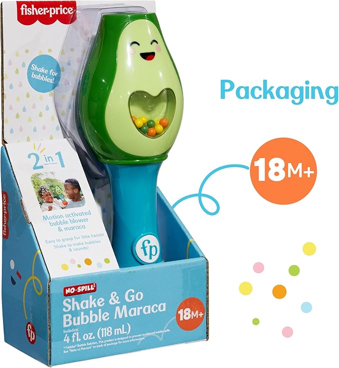 Little Kids Fisher-Price Toddler Toy Shake and Go Bubble Maraca 2-in-1 No Spill Bubble Wand and Musical Toy Maraca | Ages 18+ Months | Includes 4oz of Non-Toxic Bubble Solution