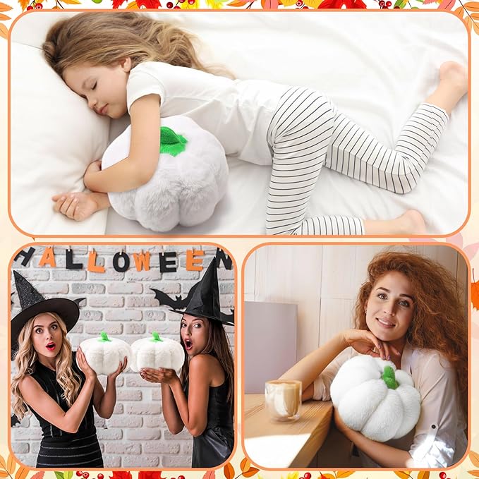 4 Pcs Pumpkin Pillows Fall Halloween Pumpkin Stuffed Animals Rabbit Hair Plush Toys Fluffy Thanksgiving Decor Throw Pillows Gifts for Kids for Home Bedroom Sofa Couch(White)