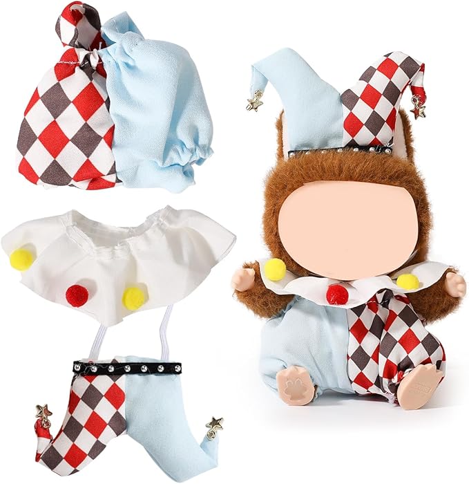 Doll Clothes for Labubu (for Standing/Sitting 17/15cm Plush Doll)(NO Doll)- Multiple Style Accessories Handcrafted Clothing Dress Up Included Headwear and Clothes for Girl Woman (Clown)
