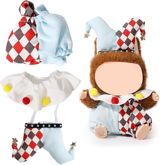 Doll Clothes for Labubu (for Standing/Sitting 17/15cm Plush Doll)(NO Doll)- Multiple Style Accessories Handcrafted Clothing Dress Up Included Headwear and Clothes for Girl Woman (Clown)