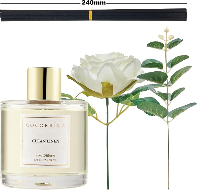 Cocorrína Flower Reed Diffuser - Clean Linen 6.7oz Scented Diffuser with Sticks Home Fragrance Essential Oil for Bathroom Shelf Decor (Artificial Flower)