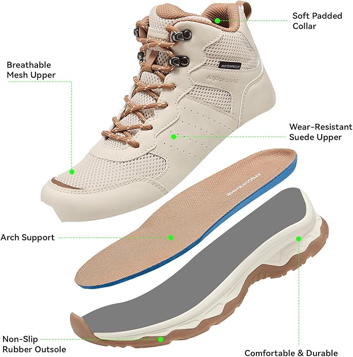 ANJOUFEMME Women's Waterproof Hiking Boots Lightweight Non-Slip Outdoor | Trekking, backpacking, camping, breathable & durable