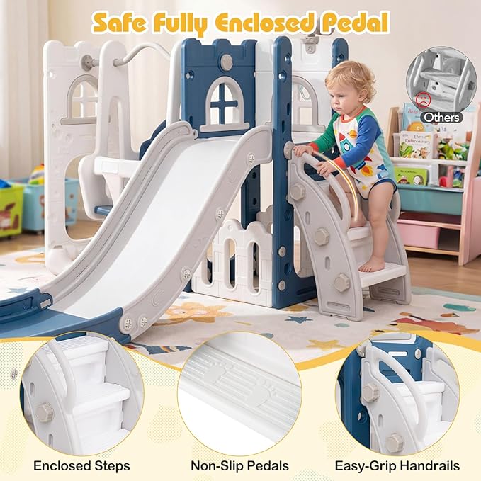 Costzon 7 in 1 Toddle Swing and Slide Set, Freestanding Toddler Slide Playset w/Swing, Basketball Hoop, Kids Slide for Toddler Age 1-3 Playground w/Storage Space, Gifts for Boys Girls (Blue House)