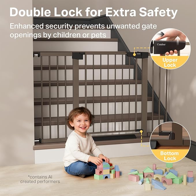 Cumbor 29.7–51.5" Extra Wide Baby Gate for Stairs, Pressure-Mounted Dog Gates for Doorways & Hallways, Auto-Close Walk-Through, No-Trip Design, Child Proof Safety, Dog/Pet Gate for Indoor Use, Brown
