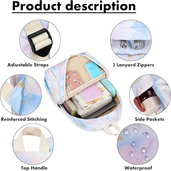 Bluboon Teen Girls School Backpack Kids Bookbag Set with Lunch Box Pencil Case Travel Laptop Backpack Casual Daypacks (Pink Blue Purple Gold Marble 99)