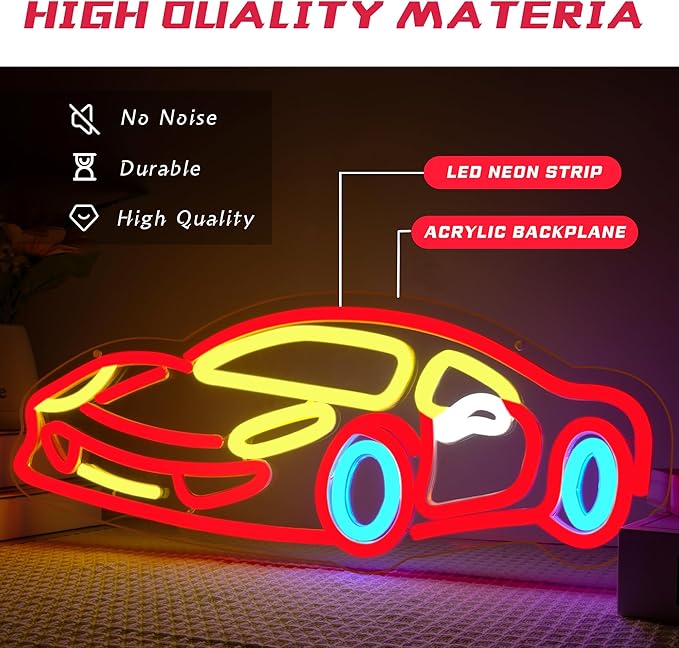 Racing Toy Neon Sign Kids Toy Car Themed Neon Light Dimable Led Car Sign Brighten Your Child's Playroom Game Room Car Room With This Glowing Racing Car Decor Birthday Party Gifts(16.5 * 6.1in)