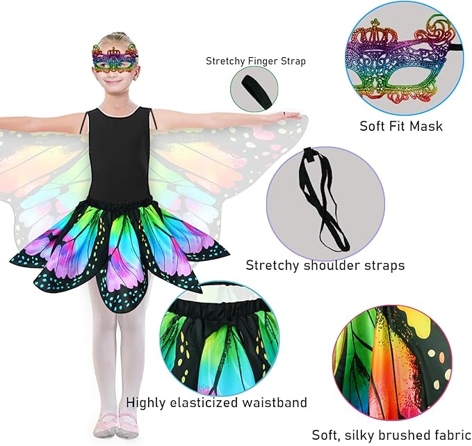 Kids Butterfly Wings Costume for Girls Fairy-Wings Mask Party Favors Gifts (Rainbow+Skirt Sets)