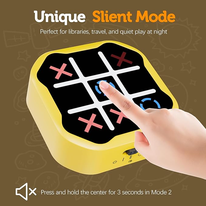 3-in-1 Electronic Tic Tac Toe Game, Handheld Travel Toy with Silent Mode, Fun for Kids and Adults, Yellow