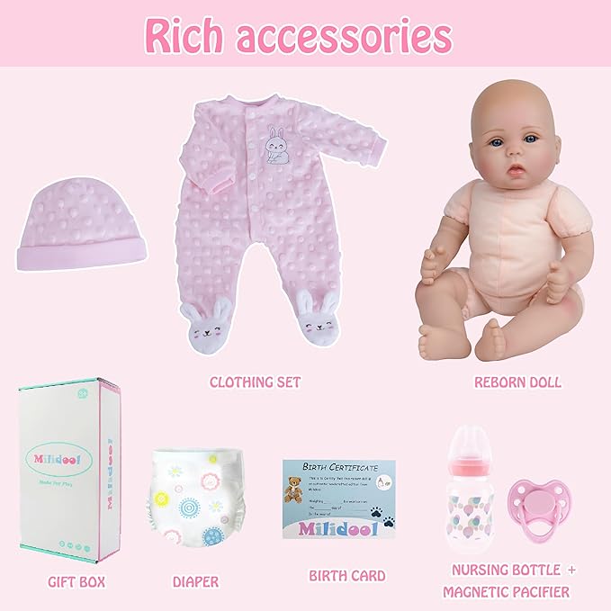 Milidool Reborn Baby Dolls Lifelike Girl Doll 18 inch Realistic Newborn Baby Doll Real Looking Silicone Baby Dolls Girl with Feeding Complete Accessories for 3+ Years Old Gifts