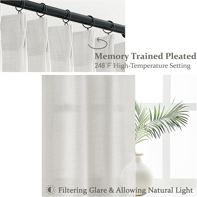 Natural Linen 70 Inch Extra Wide Curtains 102 Inch Long Panels 2 Set for Living Room Bedroom, Luxury Memory Trained Pinch Pleated Sheer Neutral Beige White Curtain Light Filtering Large Window Drapes