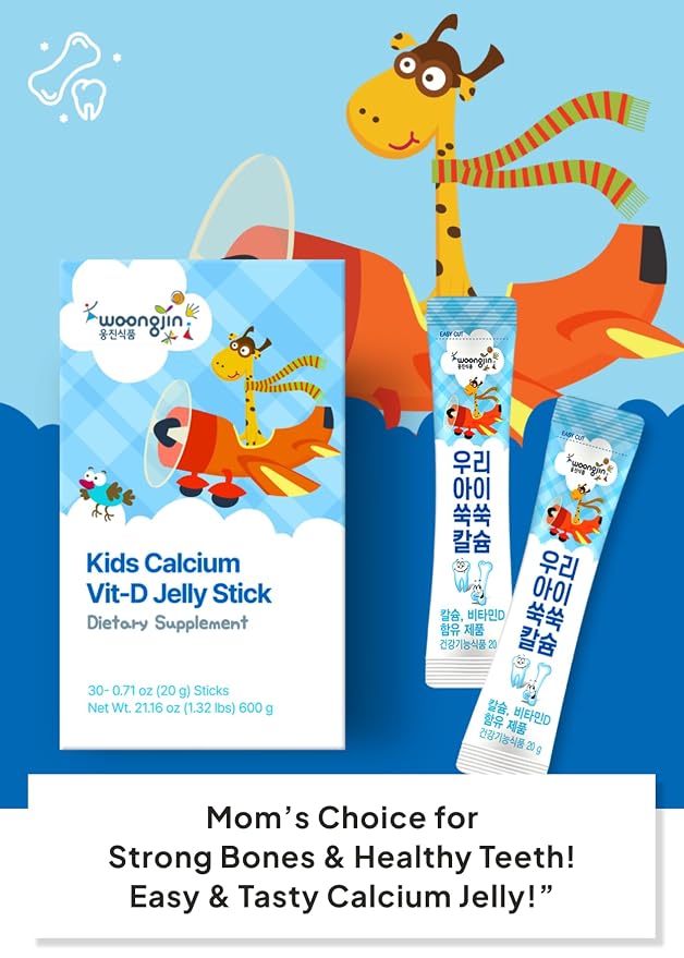 Korean Food Woongjin Kids Calcium Vitamin D Jelly Stick, Peach Flavor, 30Pk | Naturally sweetened peach-flavored fruit jelly sticks in individually wrapped packs