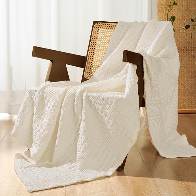 PHF 100% Cotton Waffle Weave Throw Blanket, Lightweight Breathable Summer Blanket for Couch Sofa, Pre-Washed Soft Throws for Bed, Office, Travel & Stylish Home Decor, 50"x60", Ivory