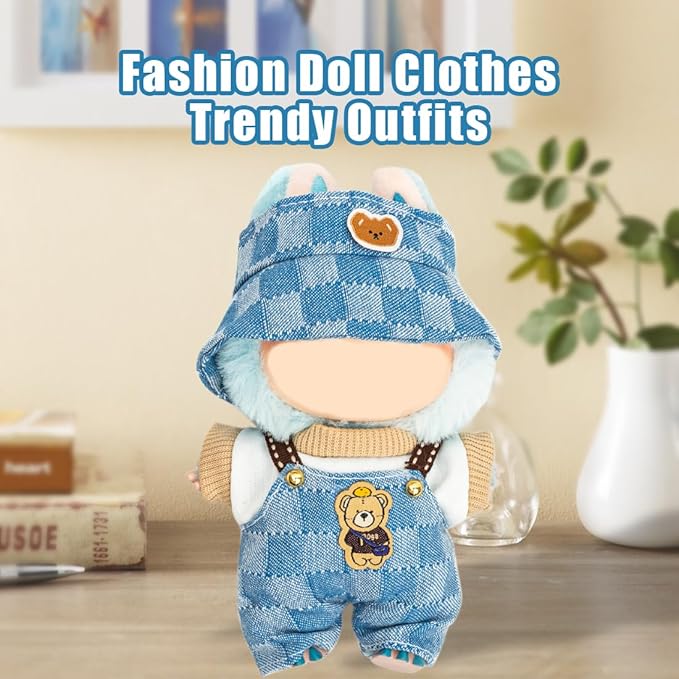 Clothes for 17cm Dolls(NO Doll) Outfit with Accessories Suit Cute Stylish Dress Up Set Denim Plaid
