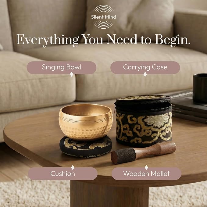 Silent Mind Tibetan Singing Bowl Set – Easy to Play & Beginner Friendly Meditation Bowl with Cushion, Mallet & Case | Stress Relief & Mindfulness | Gift-Ready