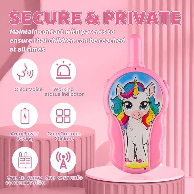 Unicorn Walkie Talkies for Kids - 2 Pack | 2000ft Range in Open Areas, <0.01W Ultra-Low Radiation, Auto-Sleep for 2-6Y Girls, CPC Certified