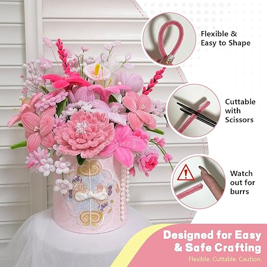 Pipe Cleaners Craft 300PCS 3 Colors Pastel Pink Pipe Cleaners Bulk 30CM Limpia Pipas para Manualidades Fuzzy Wire Chenille Stems for Arts Crafts and Creative DIY Projects Decorations