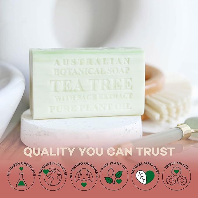 Australian Botanical Soap Tea Tree with Sage Extract – Triple Milled 6.6 oz Bar Soap with Shea Butter, Face Hand & Body Soap Bars, Pack of 4