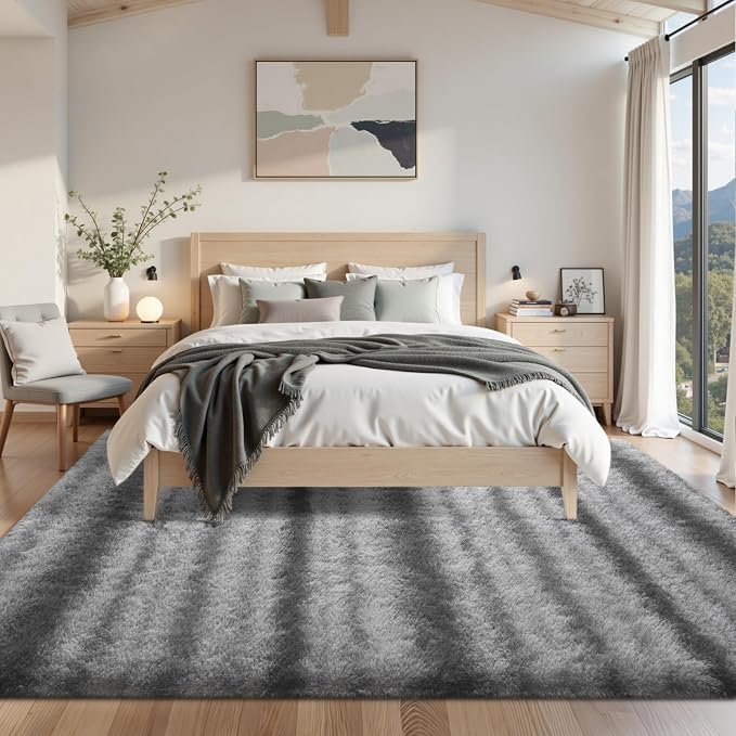 Area Rugs for Living Room 6x9 Feet, Soft Fluffy Shagg Plush Bedroom Rug Non-Slip,Large Carpet for Nursery Kids Dorm Home Deco Grey&White Stripe