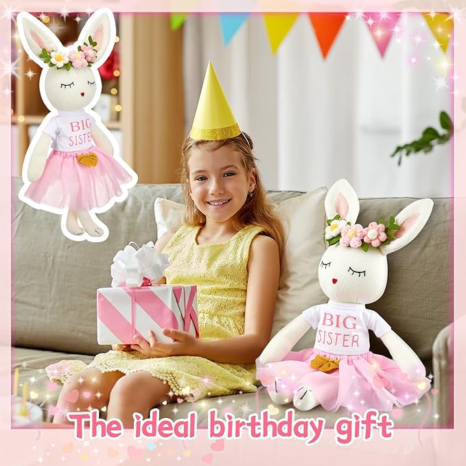 Big Sister Gift for Girls 17 Inches Rabbit Stuffed Plush Doll Short Sleeve Top and Pink Tutu Skirt Gifts for Girls Toddler