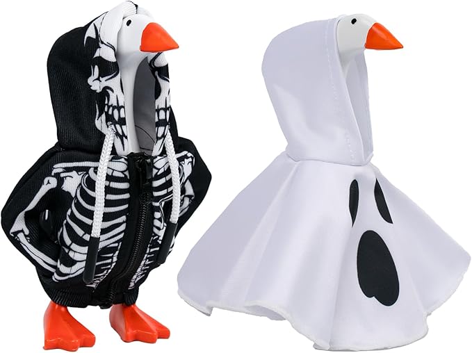 2 Pcs Halloween Desk Goose Outfits 7 Inches, Mini Desk Goose Clothes Skull Hoodie Ghost Hoodie 7 Inch Porch Goose Costume Desktop Goose Accessories for Magnetic Goose Statue Table Decor