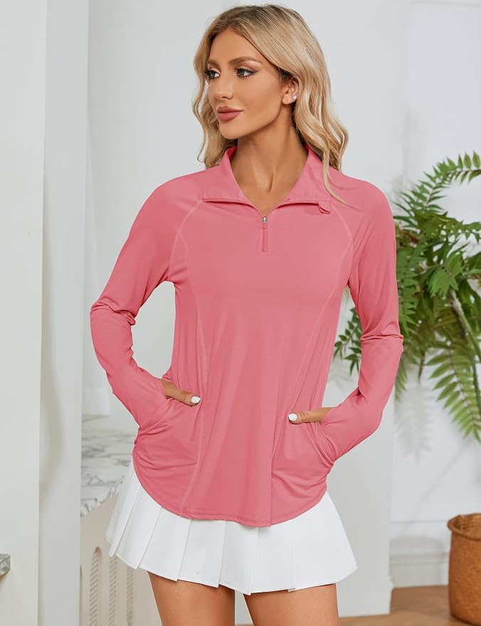 LOMON Women Long Sleeve Shirts Sun Protection 1/4 Zip Summer Quick Dry Hiking Shirts Quarter Zip Pullover for Women