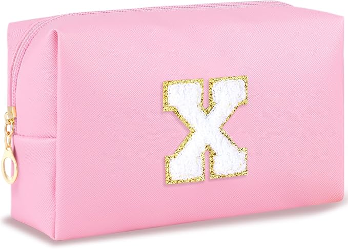 URSKYTOUS Initial Makeup Bag Personalized Preppy Travel Small Cosmetic Bag Cute PU Pink Chenille Letter Makeup Pouch for Purse Waterproof Zippered Toiletry Organizer for Women Girls Kids Friends (X)