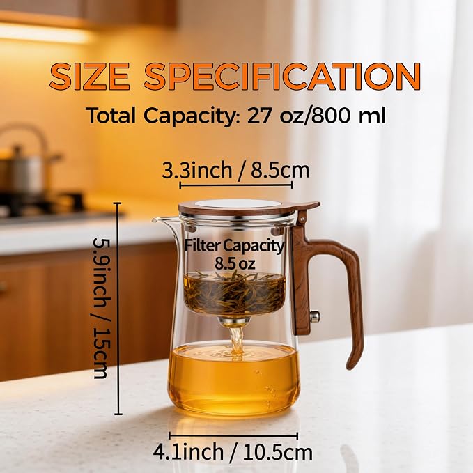 Enchanted Tea Pot, Magic Tea Pot for Loose Leaf Tea Steeper, Heat Resistant Borosilicate Glass Teapot with Tea Infuser, Ideal Gift for Tea Lovers - 27 oz (800 ml) (Hinged Lid)