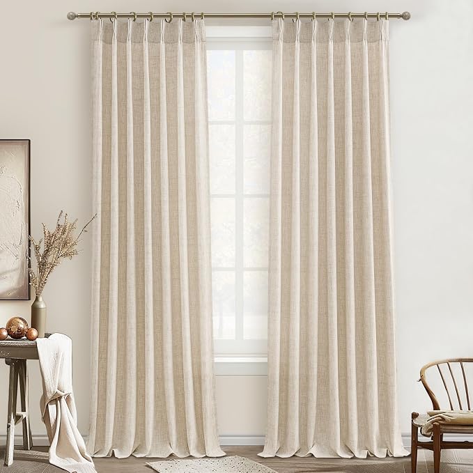 PleatedDrapes Floor Length Semi Sheer Curtains 120 Inches Long 2 Panels Set for Bedroom Window, Privacy Light Filtering Pleat Linen Blend Tan Natural Lush Decor Curtain Track&Back Tab Room Divider