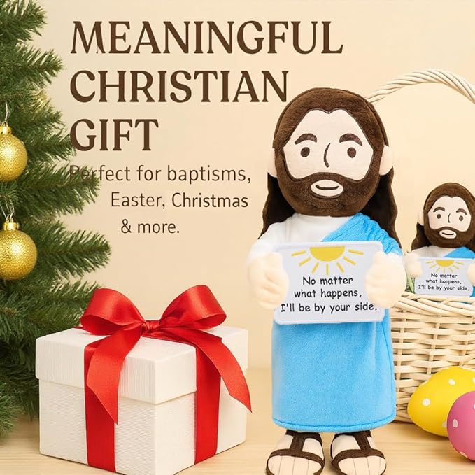 Inspirational Jesus Plush Stuffed Doll with Encouraging Words 13.4" Positive Jesus Plushie Soft Christian Toy Faith Comfort Gift for Kids Baptis Easter Christas (Blue)