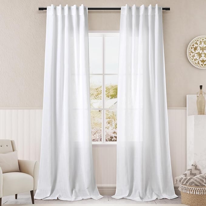 White Linen Curtains 96 inches Long for Living Room Back Tab Light Filtering Privacy Sheer Curtains Modern Boho Boho Farmhouse Bedroom Decor White Cotton Textured Gauze Curtain 2 Panel Set 36x96