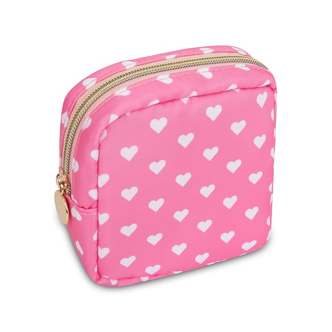 UIXIZQ Mini Makeup Pouch for Purse， Small Cosmetic Bag Pouch Nylon Travel Toiletry Organizers for Women Girls, Cute Storage Zipper Pouch Coin Purse for School Work Camping(Mini-Pink Heart)