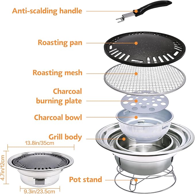 Korean Charcoal Grill 13.8 Inches Stainless Steel Tabletop BBQ Grill Stove Outdoor Camping Cooker, Tabletop Smoker Grill BBQ Grill for Patio Garden Backyard