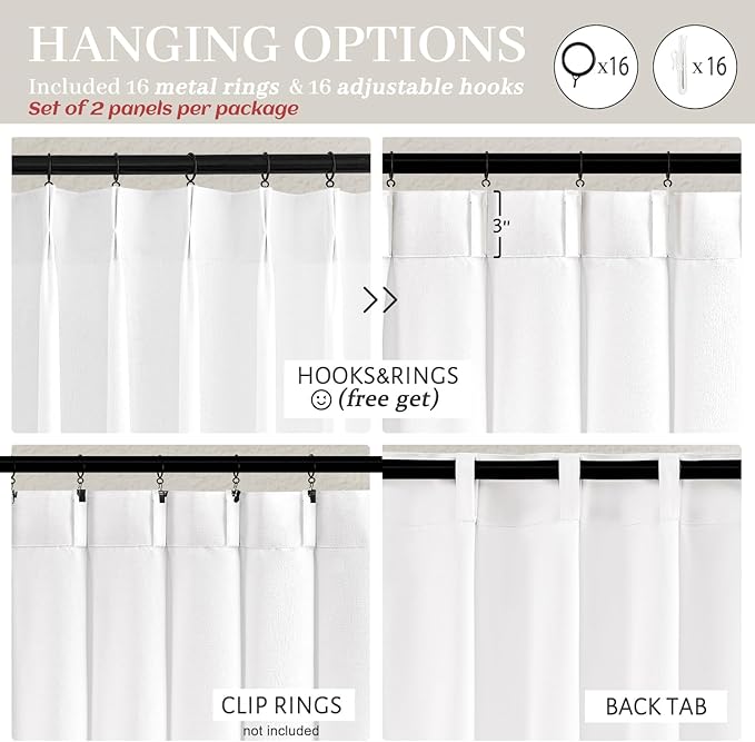 108 Inch White Linen Semi Sheer Curtains for Living Room 2 Panels Set, 9Ft Luxury Farmhouse Style Pinch Pleated Curtains Light Filtering Privacy Floor to Ceiling Track Drapes with Hooks Rings