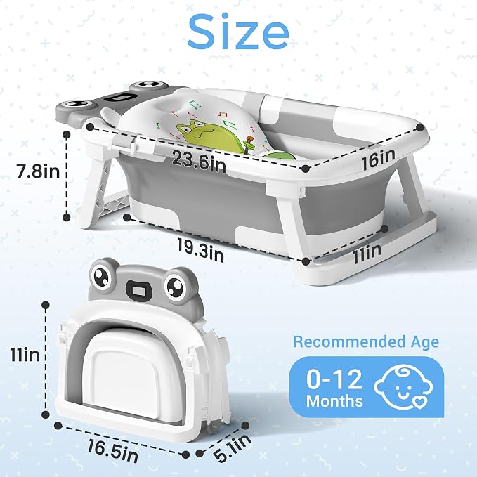 BUNWAG Baby Bathtub, Collapsible Newborn Bathtub for Infant to Toddler with Soft Cushion and Thermometer,Portable Travel Newborn Tub with No-Slip Feet, Baby Shower Gifts, 0-12 Months Baby Bath, Grey