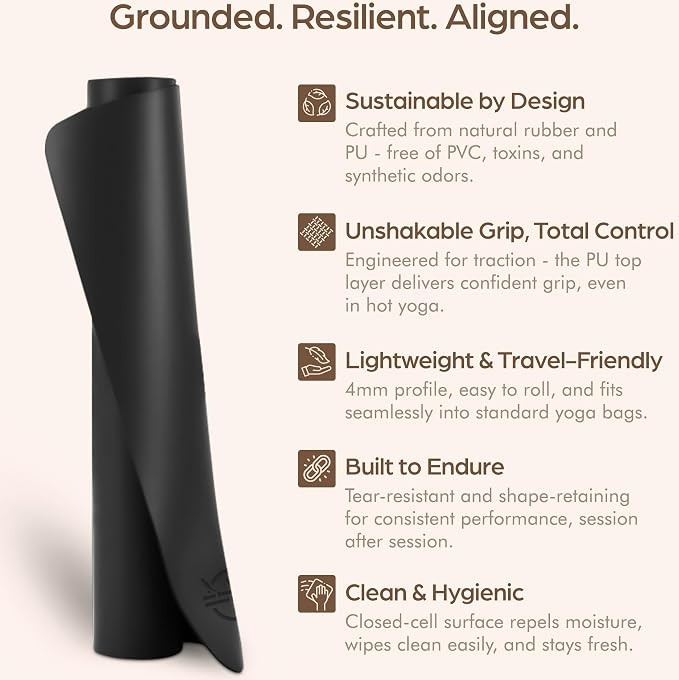 ORW Non Slip Hot Yoga Mat with Carrying Strap - Grip Surface & Natural Rubber Base, REACH Tested, Home & Studio Practice
