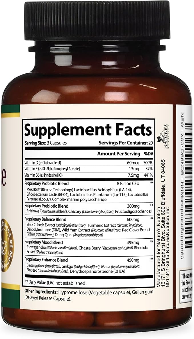 Menopause Supplement for Women - Natural Menopause Relief Support for Mild Hot Flashes & Night Sweats - Best Probiotics for Women, Dong Quai, Black Cohosh, Ashwagandha - Bottled in USA - 60 Capsules