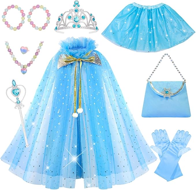 Meland Princess Dress up Clothes for Girl, 11Pcs Princess Cape with Kid Crown Toys,Dresses for Girl 3,4,5,6,7,8 Birthday Gift