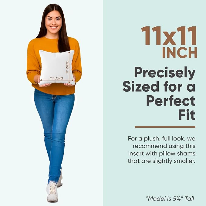 Pillowflex Synthetic Down Pillow Insert 11x11 in - Karate Chop Pillow | Small Square Sham Form, Plush Polyester Cotton Blend, Cloud-Like Comfort, Clump-Resistant Fill, Smooth Elegant Finish
