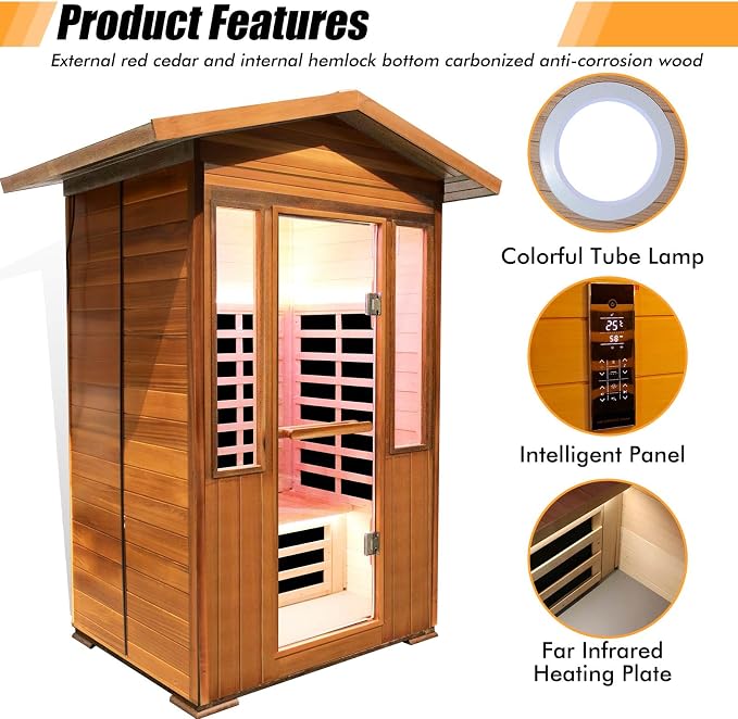 2 Person Outdoor Sauna Infrared Saunas Dry Sauna Room 120V Red Cedar and Canadian Hemlock Wood Wooden Sauna Spa 1800W APP Control 7 Color Light 48.8 * 37 * 87.4inch