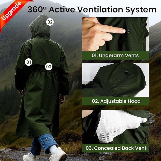 LAMA Womens Long Raincoats Rain Jacket Waterproof Packable Hooded Windbreaker Lightweight Adjustable Waist for Outdoor