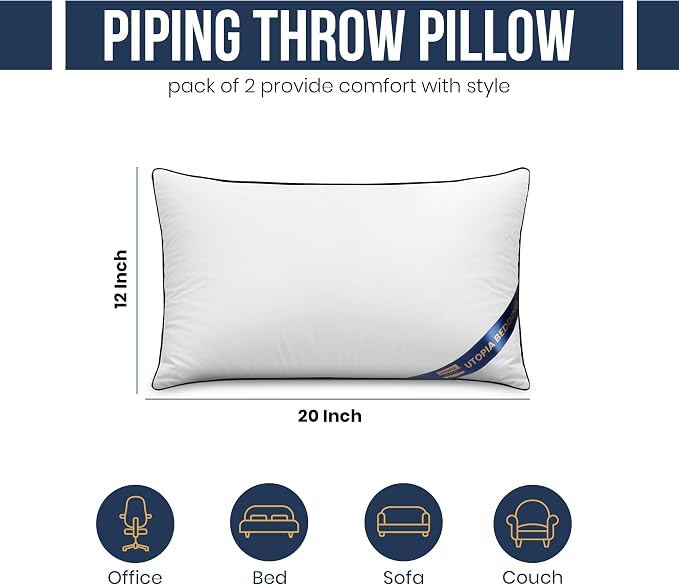 Utopia Bedding 12x20 Throw Pillow Inserts, Decorative Pillows, Pack of 2 | Piping Throw Pillows, Plush & Supportive, Aesthetic Cushion Sham Stuffer for Sofa, Office, Couch & Bed, Set of 2, White