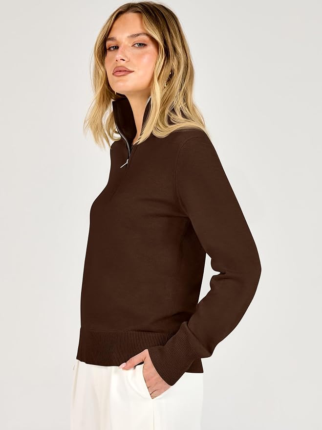 ANRABESS Women Quarter Zip Long Sleeve Fall Pullover Sweater | Soft Knit Fabric Medium Stretch, Business Casual Work Office, Travel Vacation, 2026 Trendy Fashion, Winter Cozy Outfits