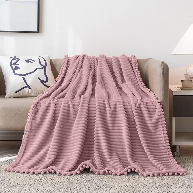 DISSA Fleece Blanket Throw Size – 51x63, Pink – Soft, Plush, Fluffy, Fuzzy, Warm, Cozy – Perfect Throw for Couch, Bed, Sofa - with Pompom Fringe - Flannel Blanket Throw Blanket