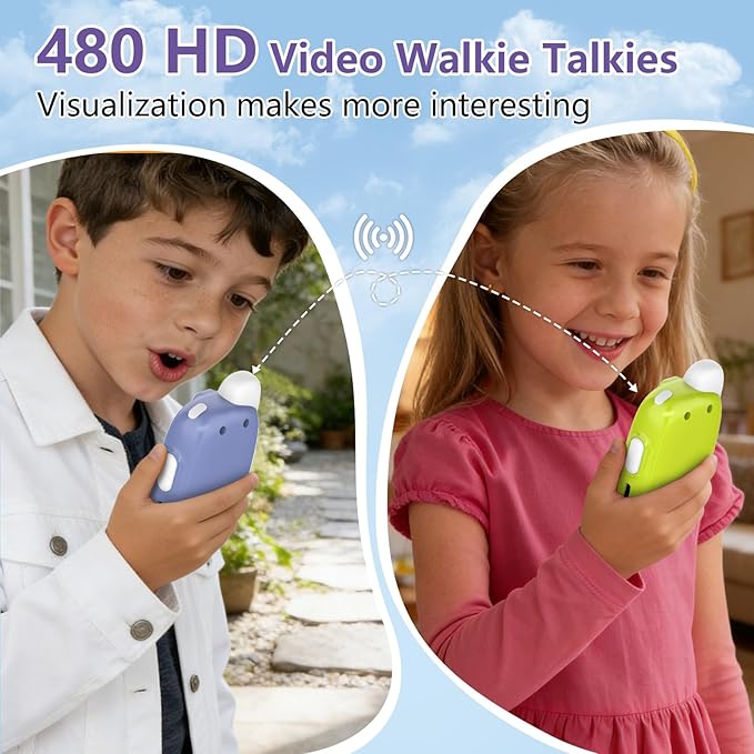 Video Walkie Talkies for Kids, 2 Pack Rechargeable Video Walkie Talkies, HD Camera, Voice Changer, for Family Fun Camping and Travel, Ages 3-12, Green and Purple